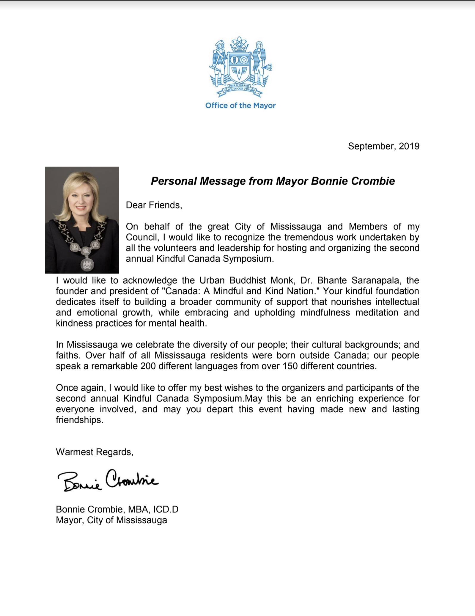 Special Greeting Message from the Mayor Bonnie Crombie